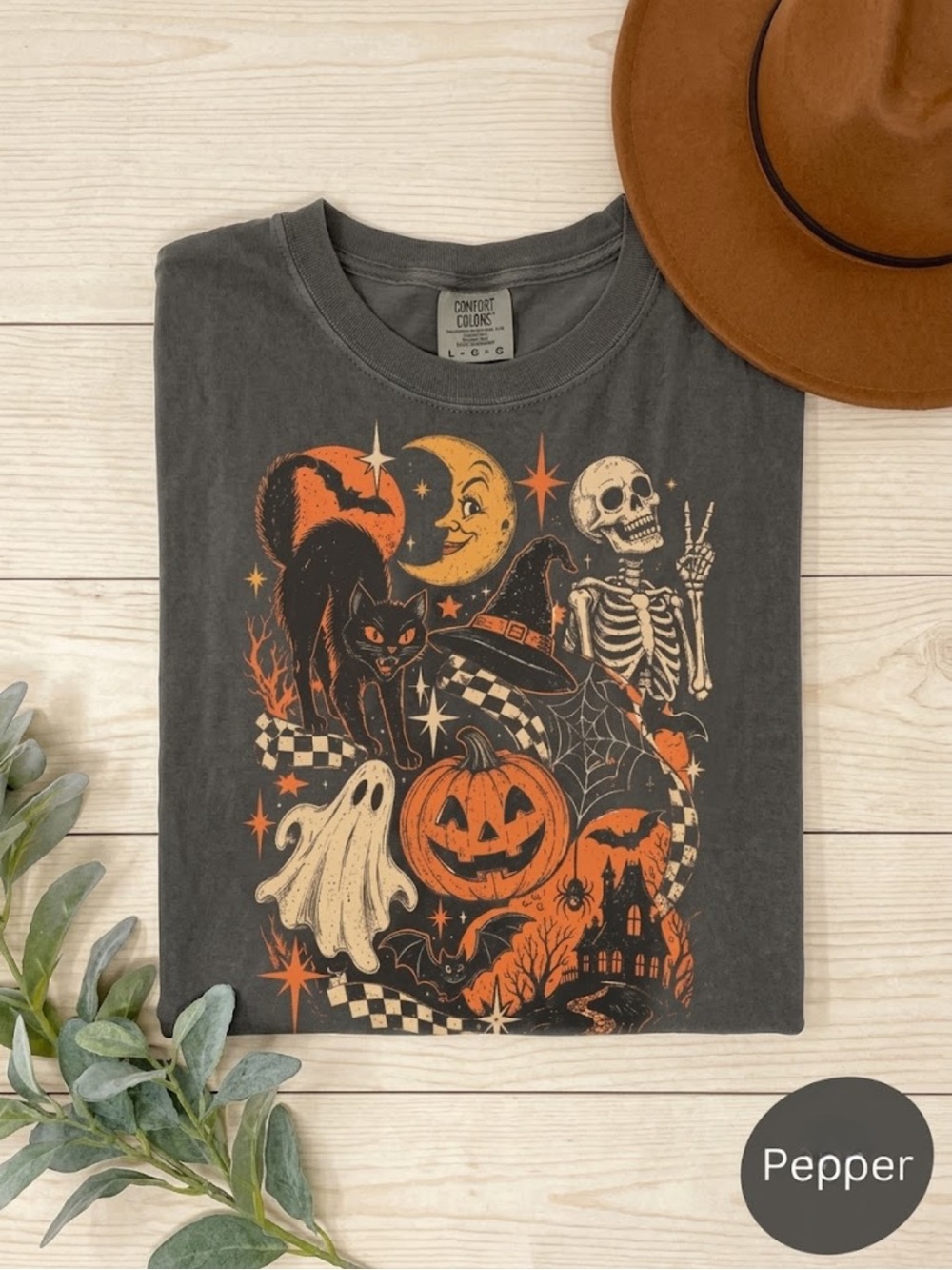 Comfort Colors Gray Pepper Halloween Graphic Tee - Pumpkin & Skeleton